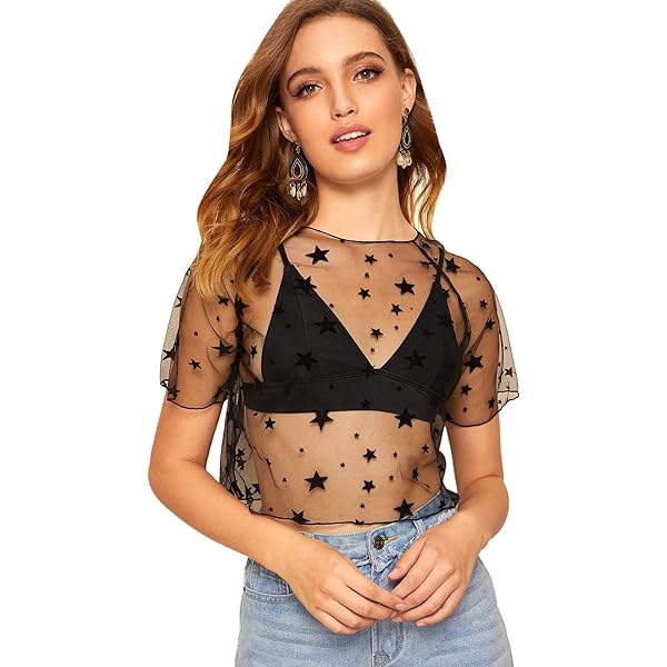 Floerns Women's Sheer See Through Mock Neck Star Pattern